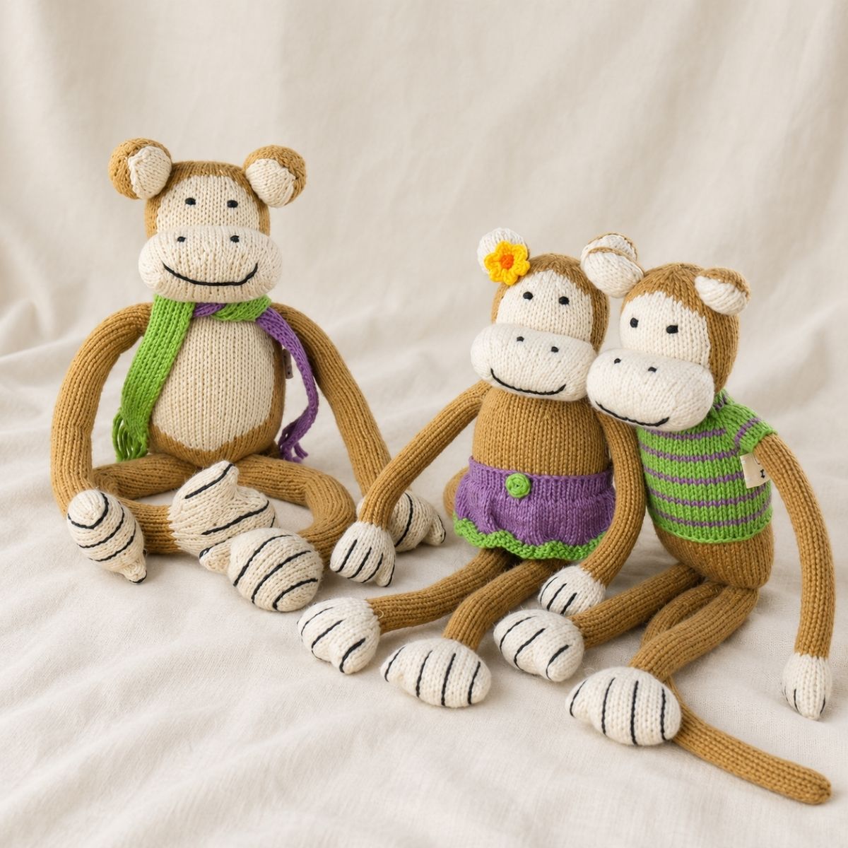 Drei handgestrickte Kuscheltiere für Geschwister aus Bio-Baumwolle als liebevolle Affenfamilie