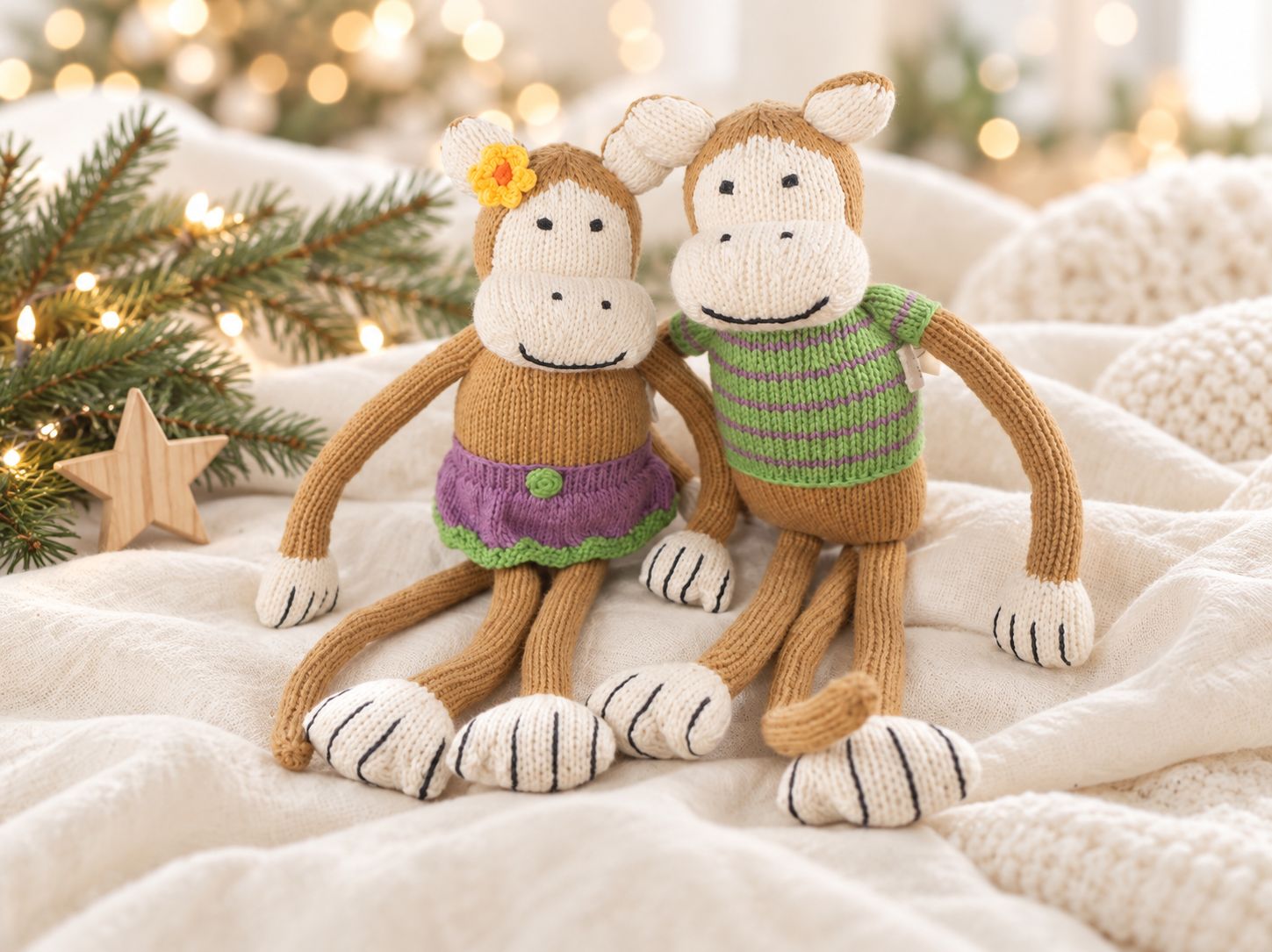 Zwei gestrickte Äffchen sitzen zusammen zwischen Tannenzweigen und warmen Weihnachtslichtern