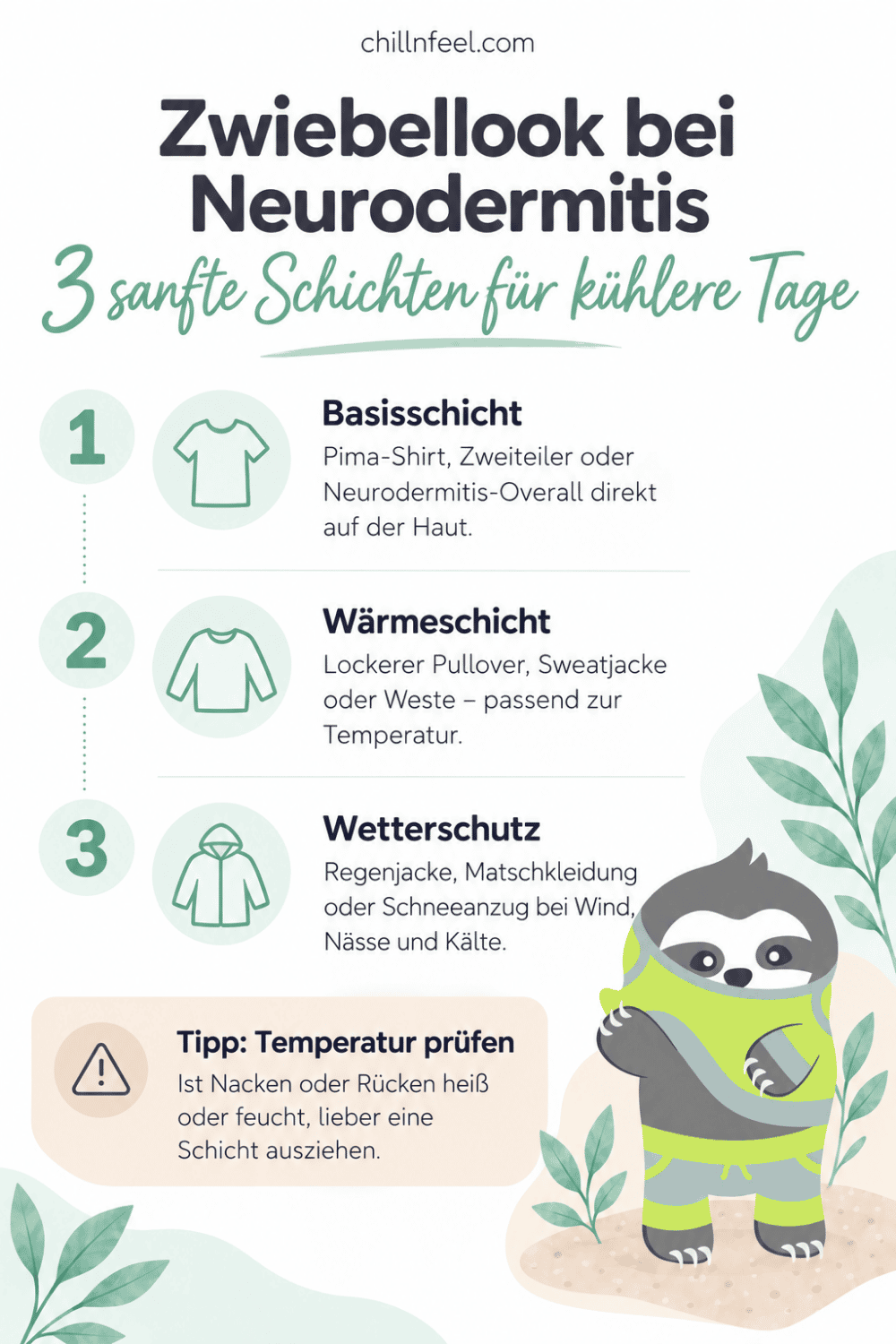 Infografik zum Zwiebellook bei Neurodermitis mit drei Kleidungsschichten für Kinder an kühleren Tagen