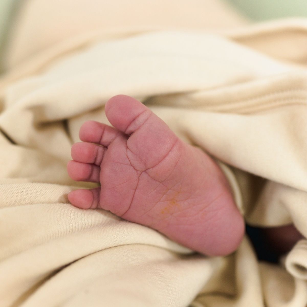 Kleiner Babyfuß schaut aus einer naturfarbenen Babyhose, umgeben von hellem, weichem Stoff.
