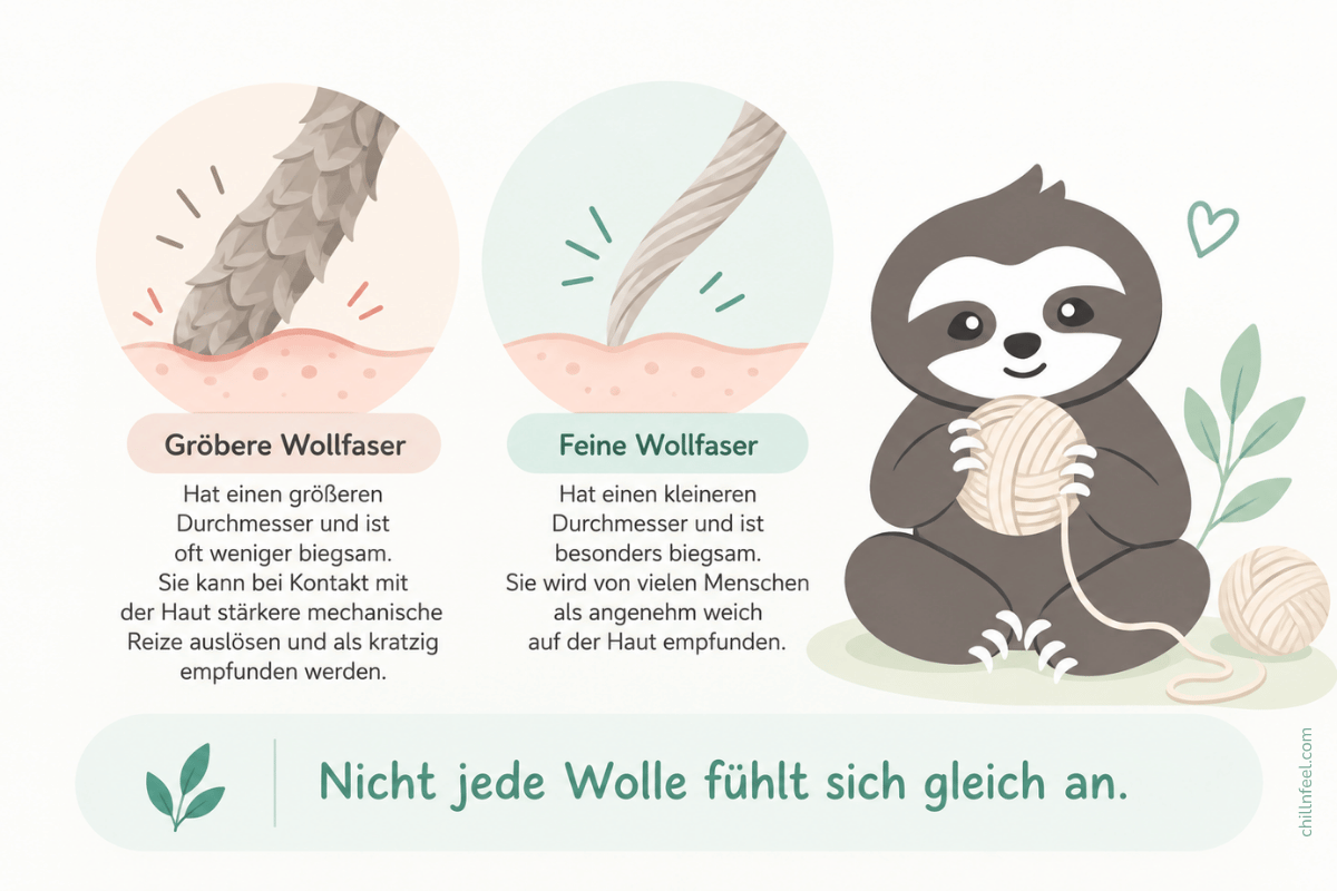 Infografik zu Wolle bei Neurodermitis: Gröbere Wollfasern können die Haut stärker mechanisch reizen als feine Wollfasern.