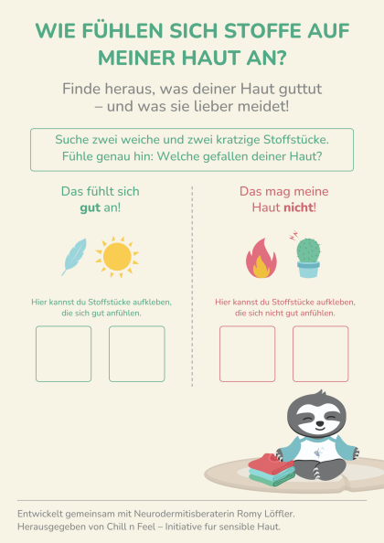 Mitmachblatt für Neurodermitis-Schulung: Kinder können weiche und kratzige Stoffstücke erfühlen und aufkleben.